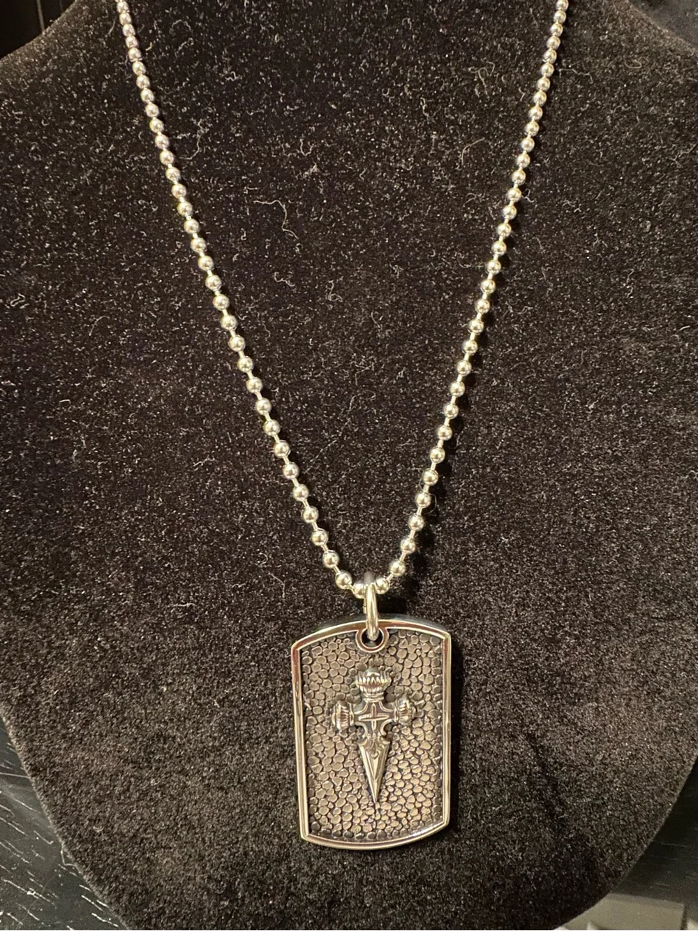 Men's Silver Dog Tag Pendant Necklace - Silver with Dagger Motif